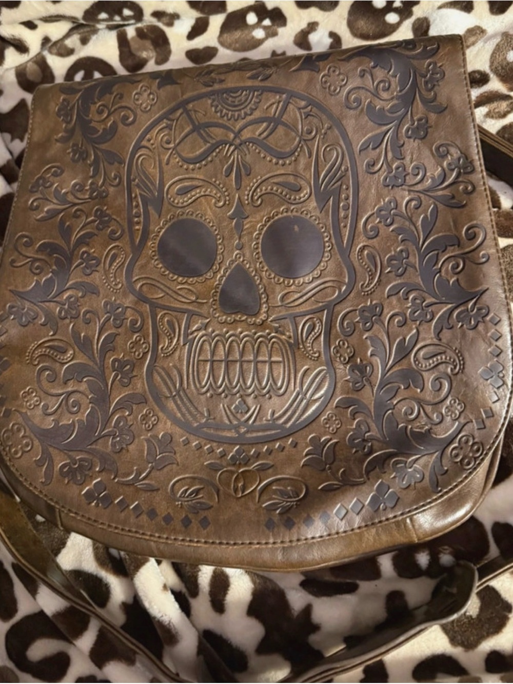 Loungefly Faux Leather Brown Embossed Sugar Skull crossbody/messenger bag